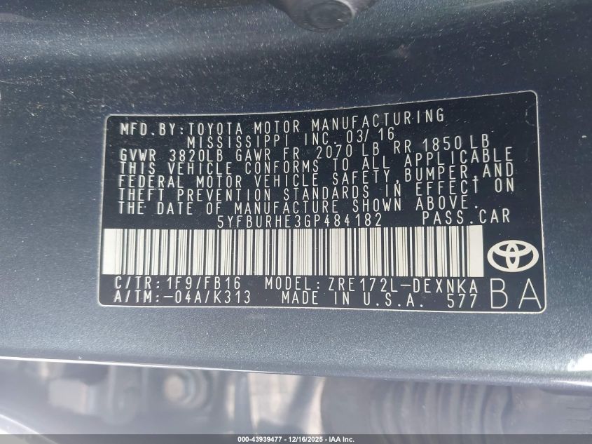 2016 Toyota Corolla Le VIN: 5YFBURHE3GP484182 Lot: 43939477