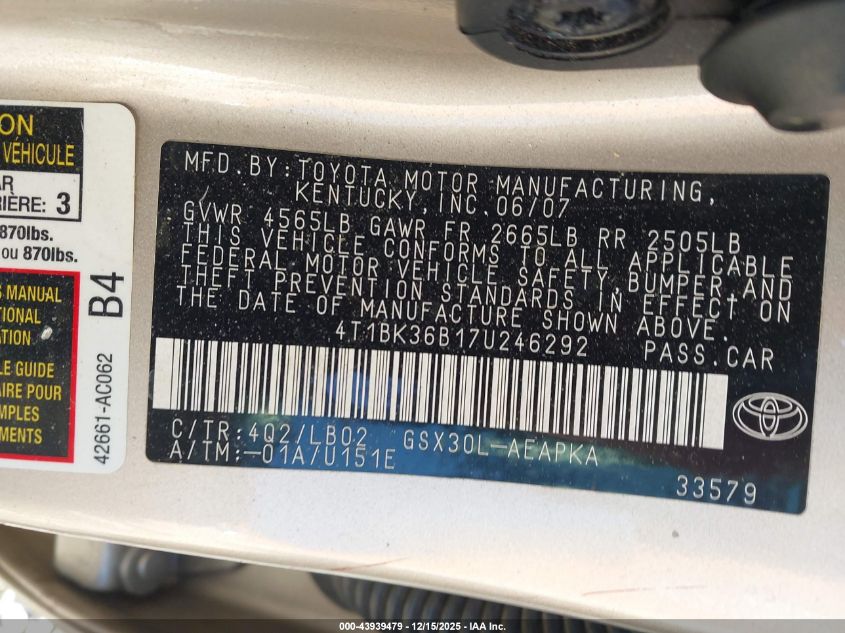 2007 Toyota Avalon Limited VIN: 4T1BK36B17U246292 Lot: 43939479