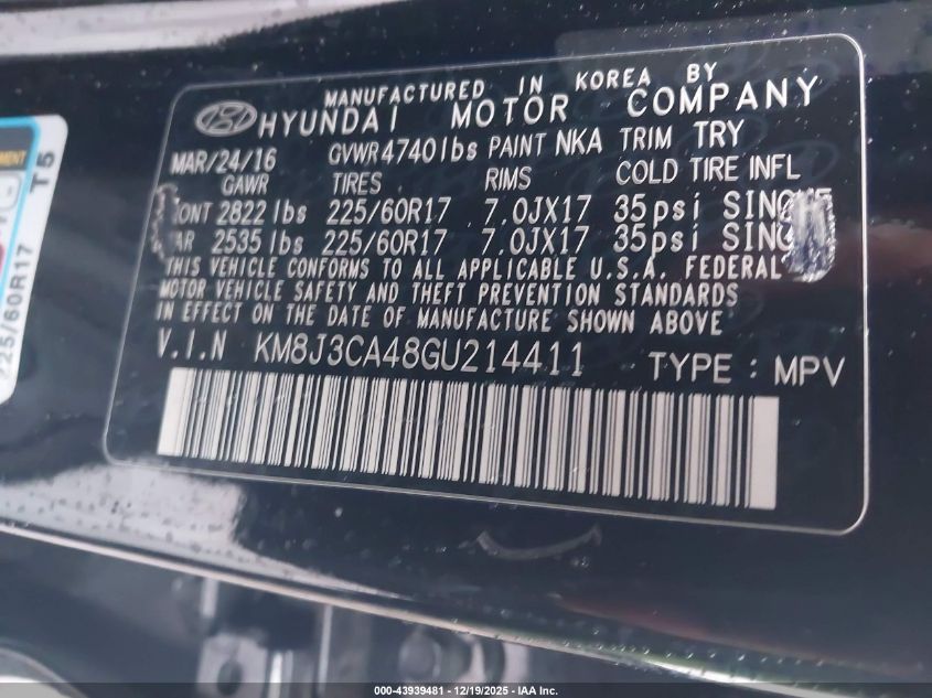 2016 Hyundai Tucson Se VIN: KM8J3CA48GU214411 Lot: 43939481
