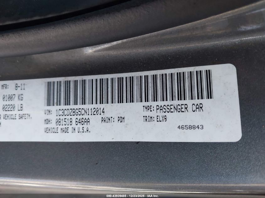 2012 Dodge Avenger R/T VIN: 1C3CDZBG5CN112014 Lot: 43939485
