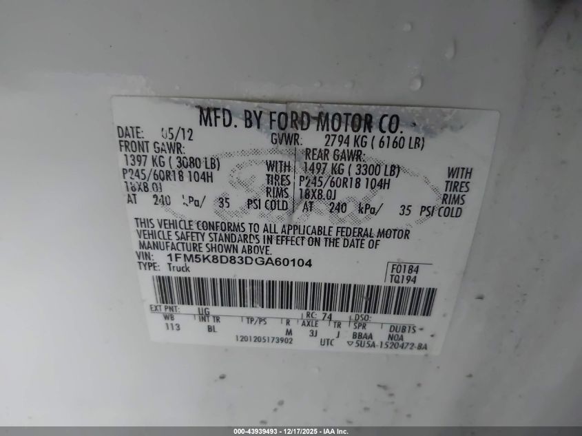 2013 Ford Explorer Xlt VIN: 1FM5K8D83DGA60104 Lot: 43939493