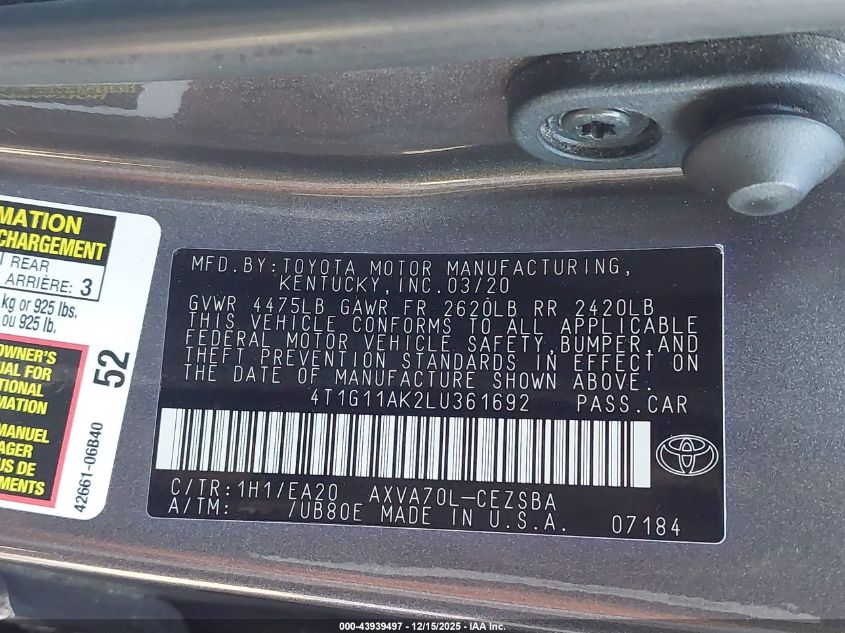 2020 Toyota Camry Se VIN: 4T1G11AK2LU361692 Lot: 43939497