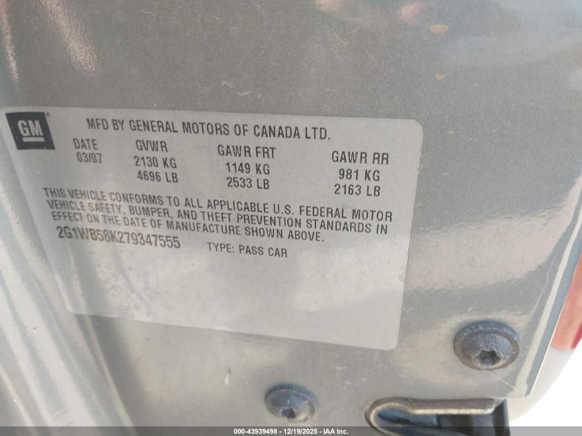 2007 Chevrolet Impala Ls VIN: 2G1WB58K279347555 Lot: 43939498