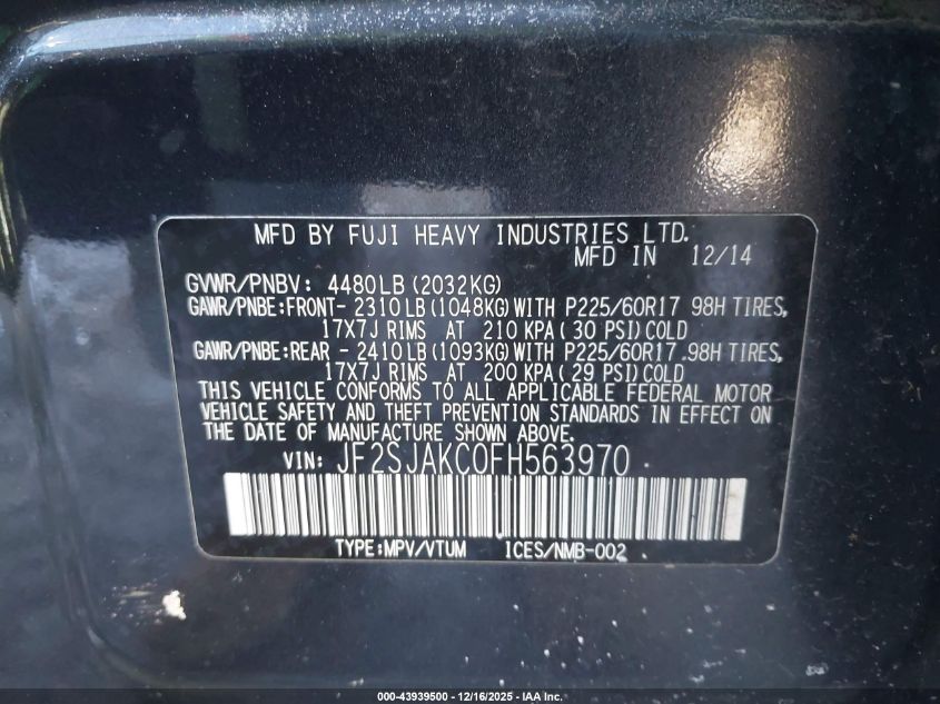 2015 Subaru Forester 2.5I Limited VIN: JF2SJAKC0FH563970 Lot: 43939500