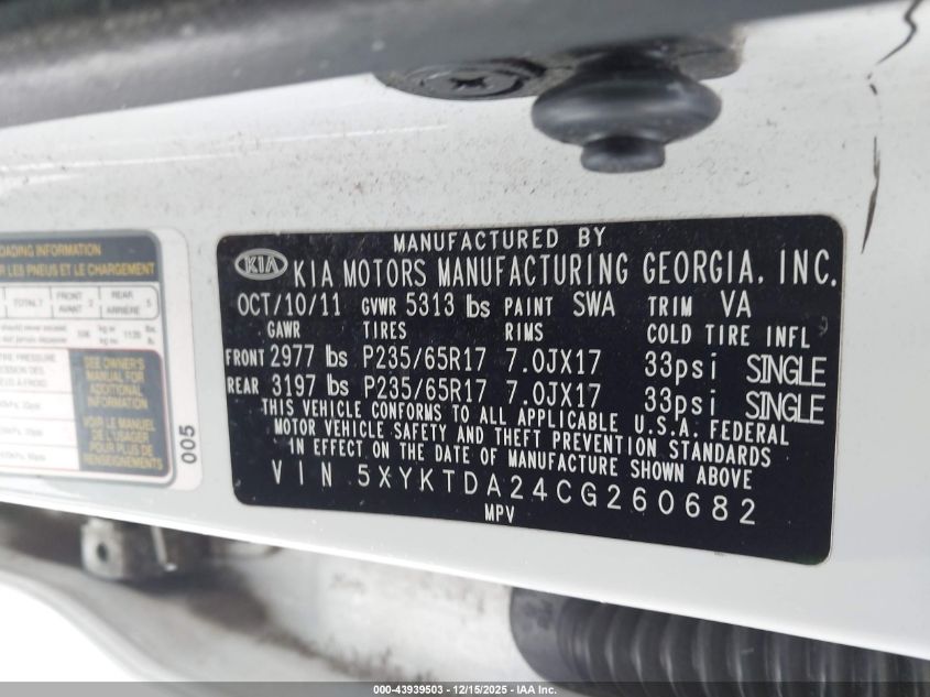 2012 Kia Sorento Lx V6 VIN: 5XYKTDA24CG260682 Lot: 43939503