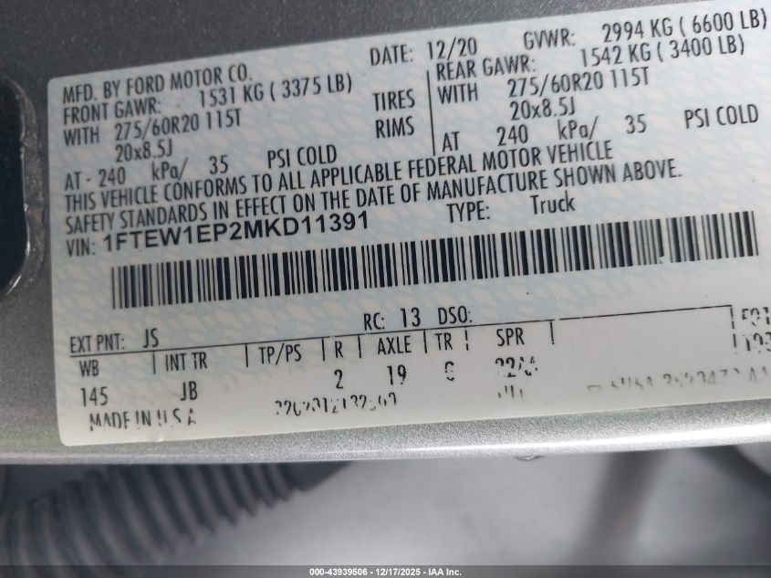 2021 Ford F-150 Xl VIN: 1FTEW1EP2MKD11391 Lot: 43939506