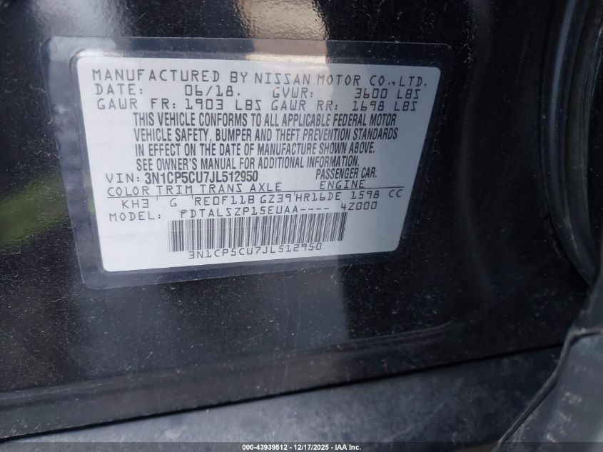 2018 Nissan Kicks Sv VIN: 3N1CP5CU7JL512950 Lot: 43939512