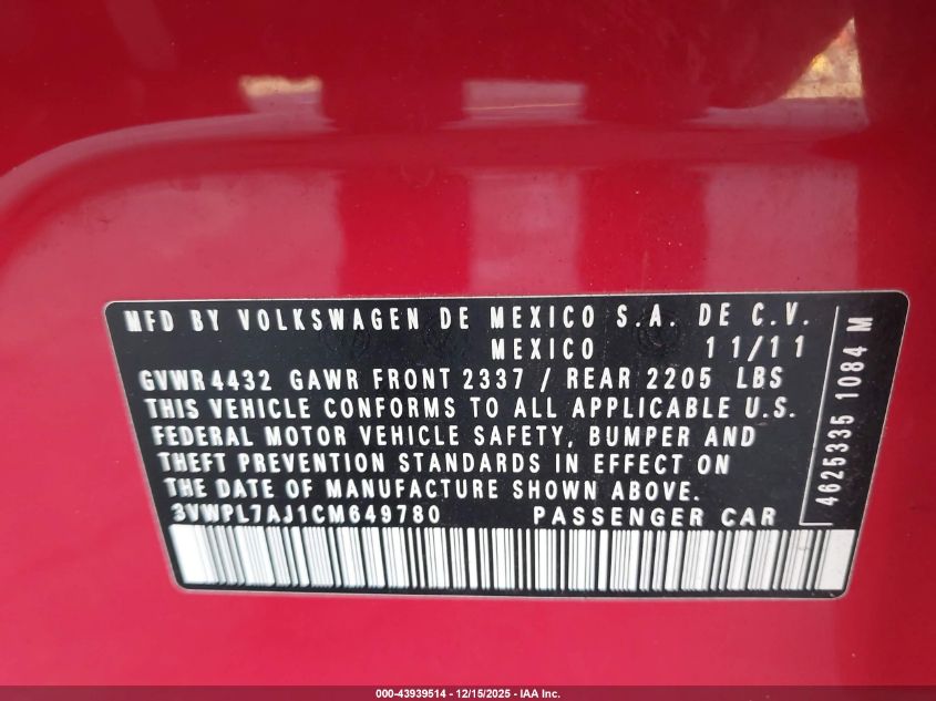 2012 Volkswagen Jetta Sportwagen 2.0L Tdi VIN: 3VWPL7AJ1CM649780 Lot: 43939514