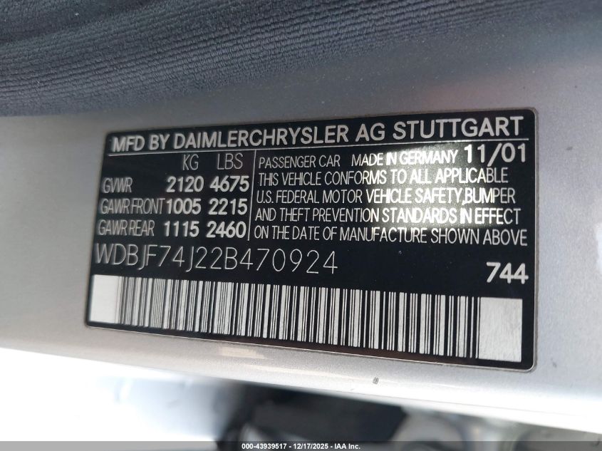 2002 Mercedes-Benz E 55 Amg VIN: WDBJF74J22B470924 Lot: 43939517