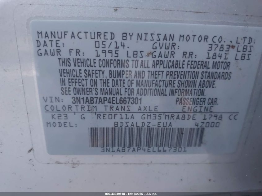2014 Nissan Sentra Fe+ S/Fe+ Sv/S/Sl/Sr/Sv VIN: 3N1AB7AP4EL667301 Lot: 43939518