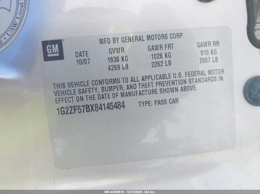 2008 Pontiac G6 Value Leader VIN: 1G2ZF57BX84145484 Lot: 43939519