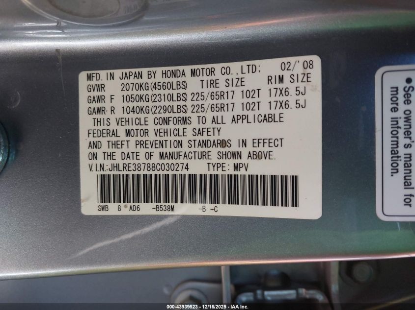 2008 Honda Cr-V Ex-L VIN: JHLRE38788C030274 Lot: 43939523