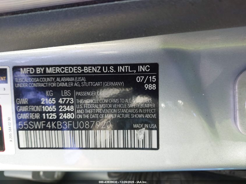 2015 Mercedes-Benz C 300 Luxury 4Matic VIN: 55SWF4KB3FU087920 Lot: 43939530