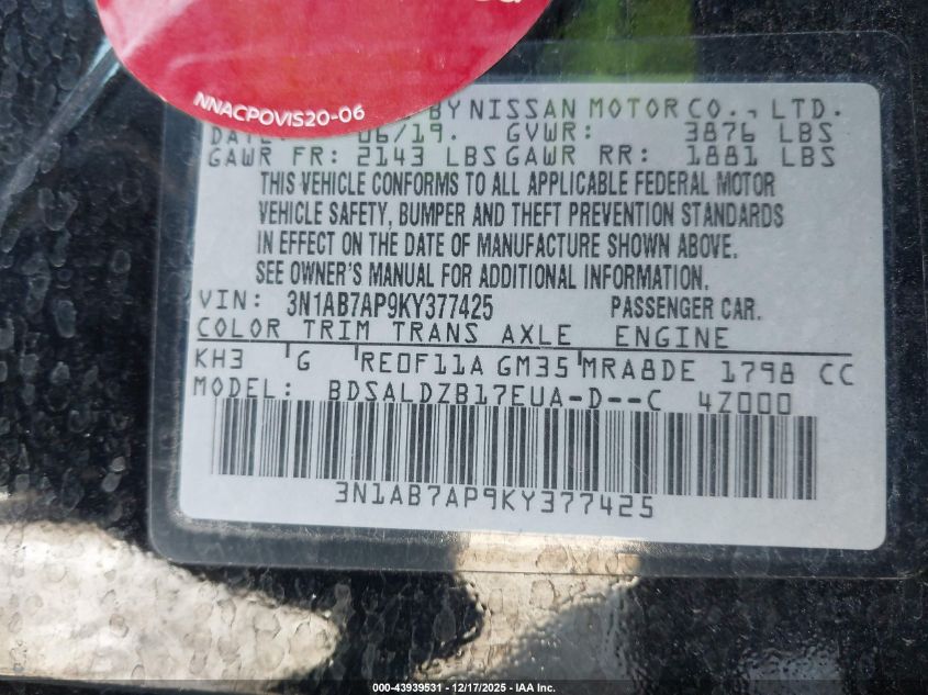 2019 Nissan Sentra Sv VIN: 3N1AB7AP9KY377425 Lot: 43939531