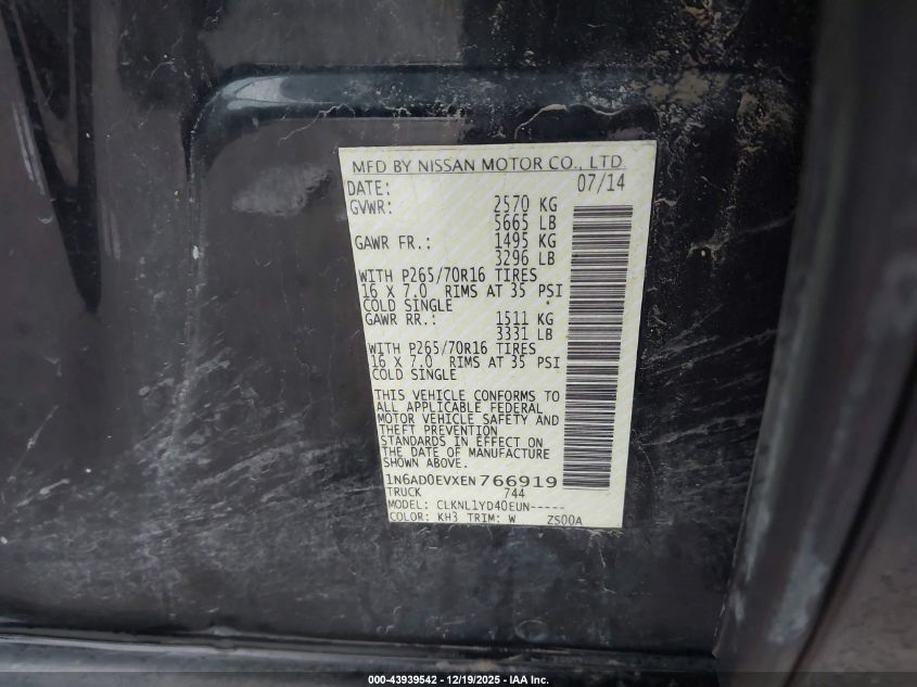 2014 Nissan Frontier S VIN: 1N6AD0EVXEN766919 Lot: 43939542