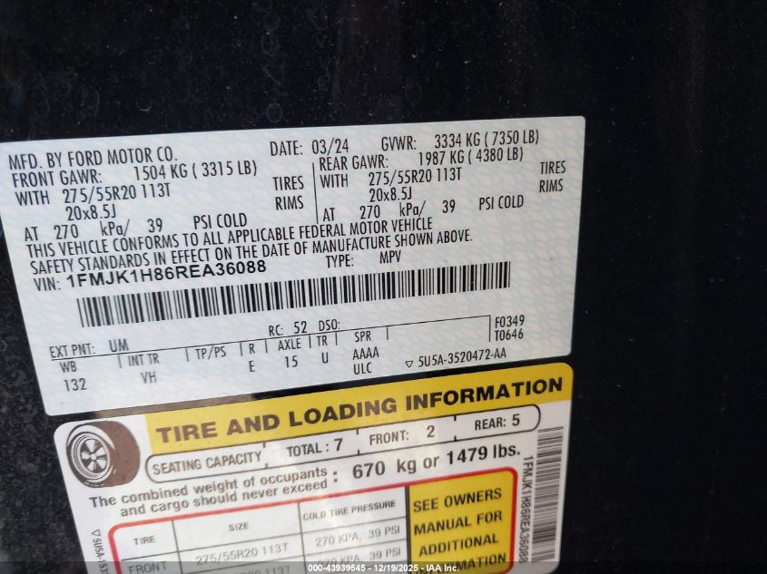 2024 Ford Expedition Xlt Max VIN: 1FMJK1H86REA36088 Lot: 43939545