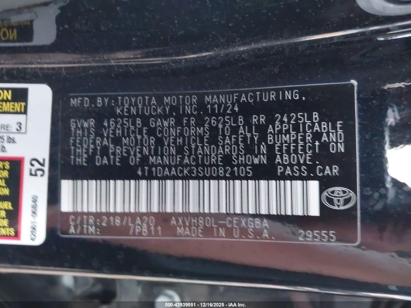 2025 Toyota Camry Xle VIN: 4T1DAACK3SU082105 Lot: 43939551