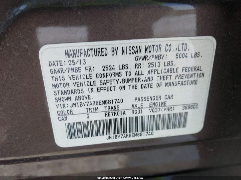 2014 Infiniti Q50 Sport VIN: JN1BV7AR8EM681740 Lot: 43939550