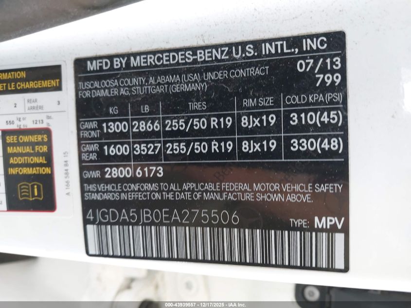 2014 Mercedes-Benz Ml 350 VIN: 4JGDA5JB0EA275506 Lot: 43939557