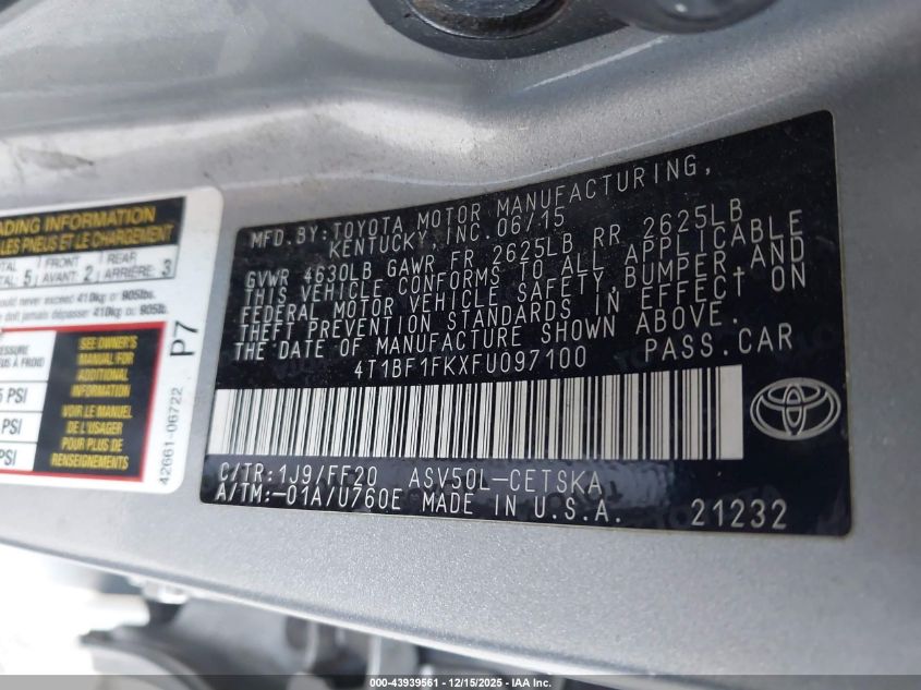 2015 Toyota Camry Se VIN: 4T1BF1FKXFU097100 Lot: 43939561