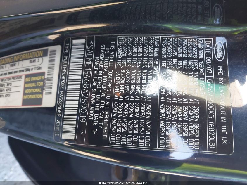 2008 Land Rover Range Rover Hse VIN: SALME15468A269039 Lot: 43939562