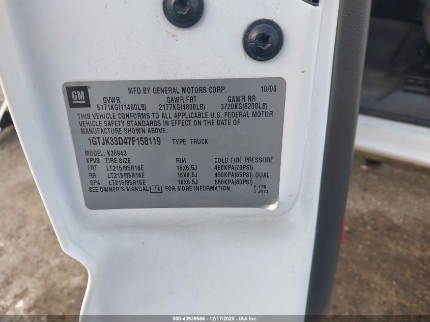2007 GMC Sierra 3500 Classic Sle1 VIN: 1GTJK33D47F158119 Lot: 43939566