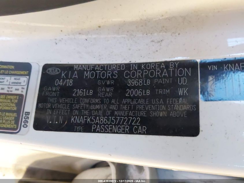2018 Kia Forte Lx VIN: KNAFK5A86J5772722 Lot: 43939572