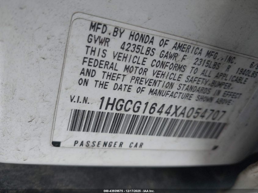 1999 Honda Accord Lx V6 VIN: 1HGCG1644XA054707 Lot: 43939575