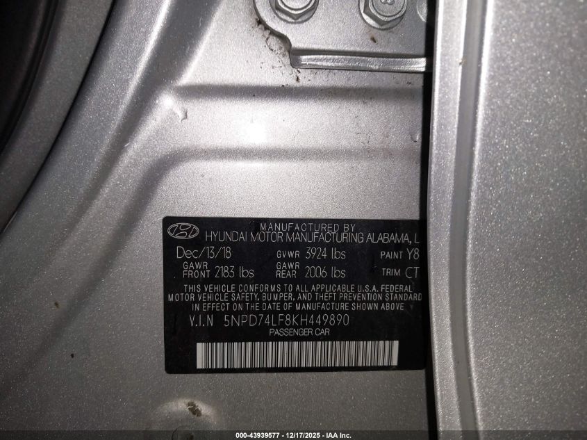 2019 Hyundai Elantra Se VIN: 5NPD74LF8KH449890 Lot: 43939577