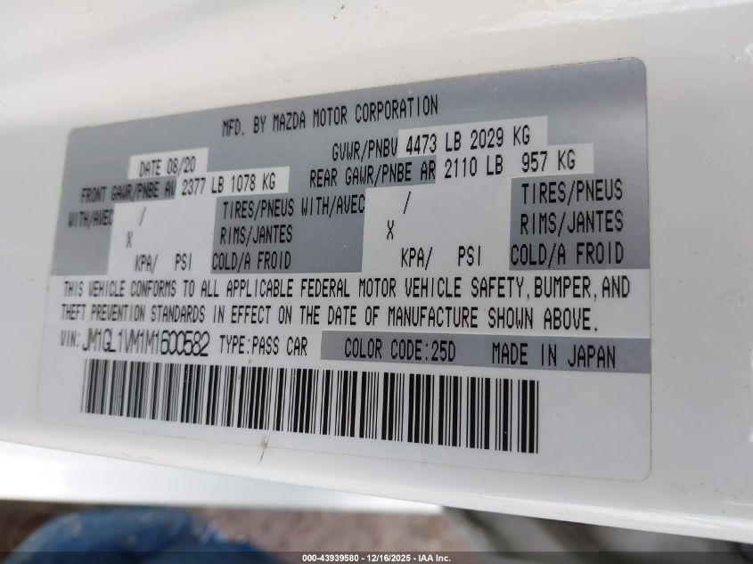 2021 Mazda Mazda6 Touring VIN: JM1GL1VM1M1600582 Lot: 43939580