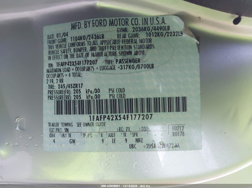 2004 Ford Mustang Gt VIN: 1FAFP42X54F177207 Lot: 43939581