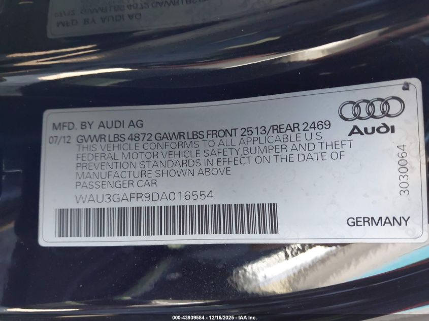 2013 Audi S5 3.0T Premium Plus VIN: WAU3GAFR9DA016554 Lot: 43939584