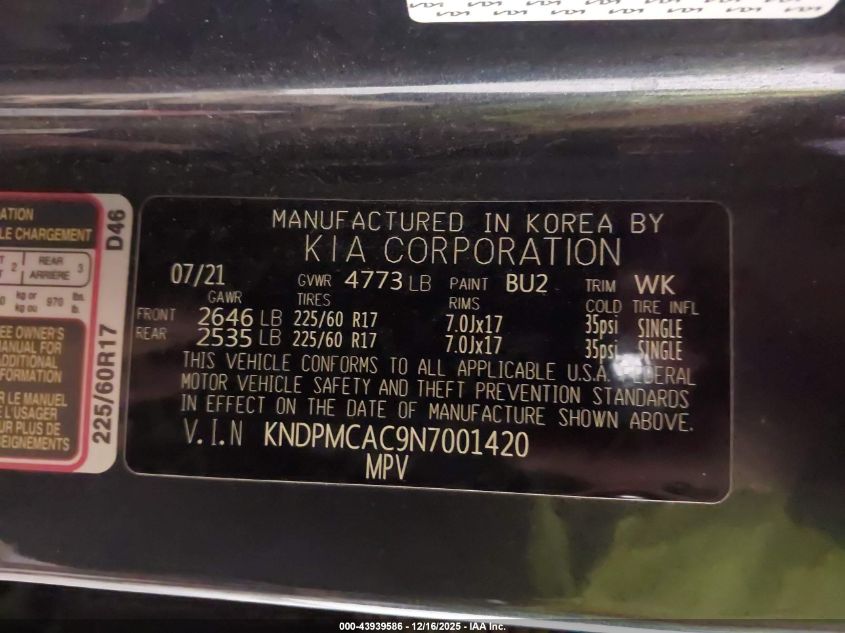 2022 Kia Sportage Lx VIN: KNDPMCAC9N7001420 Lot: 43939586