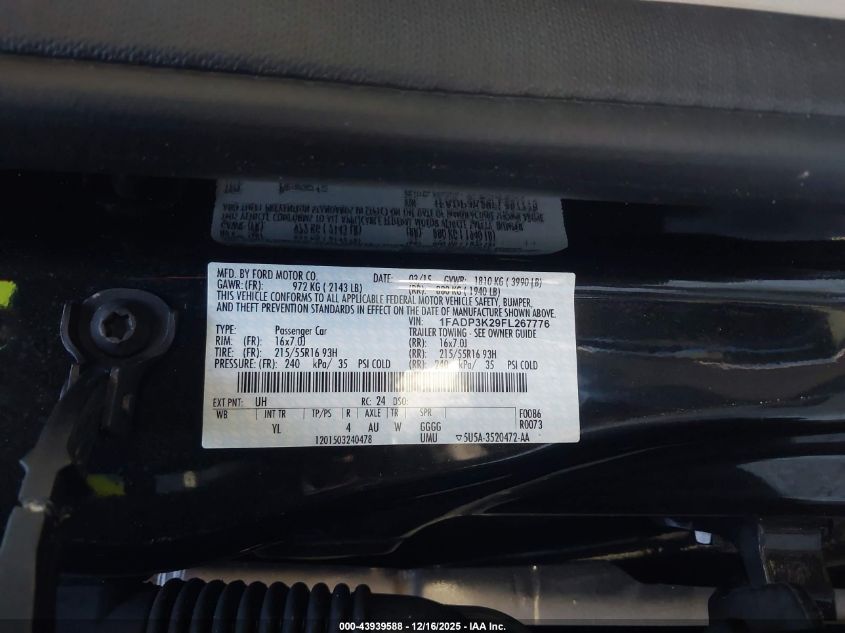 2015 Ford Focus Se VIN: 1FADP3K29FL267776 Lot: 43939588