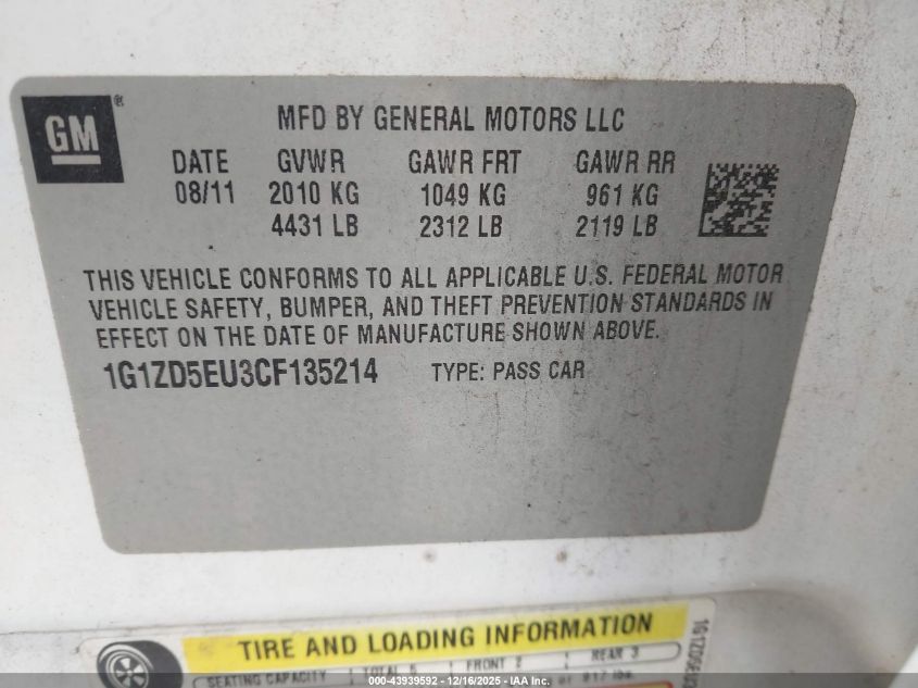 2012 Chevrolet Malibu 2Lt VIN: 1G1ZD5EU3CF135214 Lot: 43939592