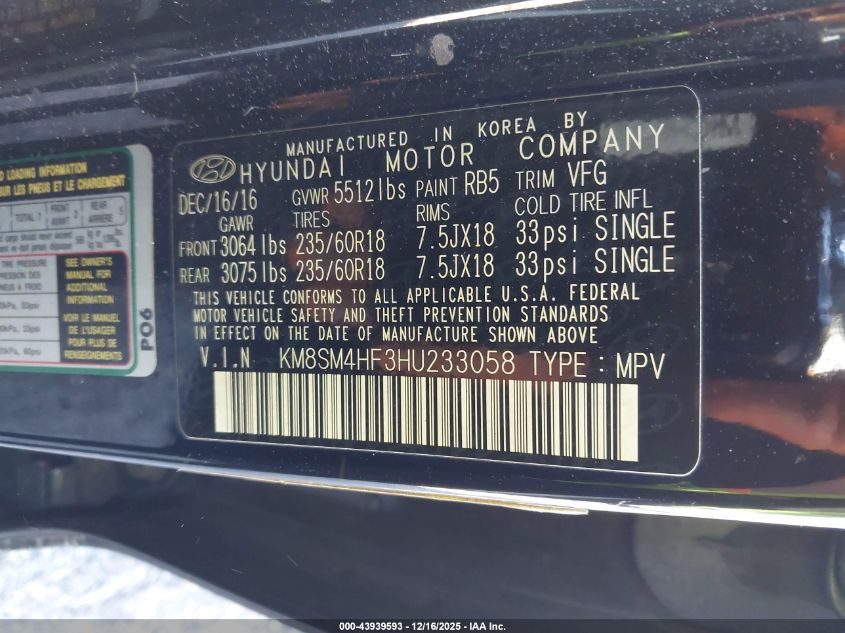 2017 Hyundai Santa Fe Se VIN: KM8SM4HF3HU233058 Lot: 43939593