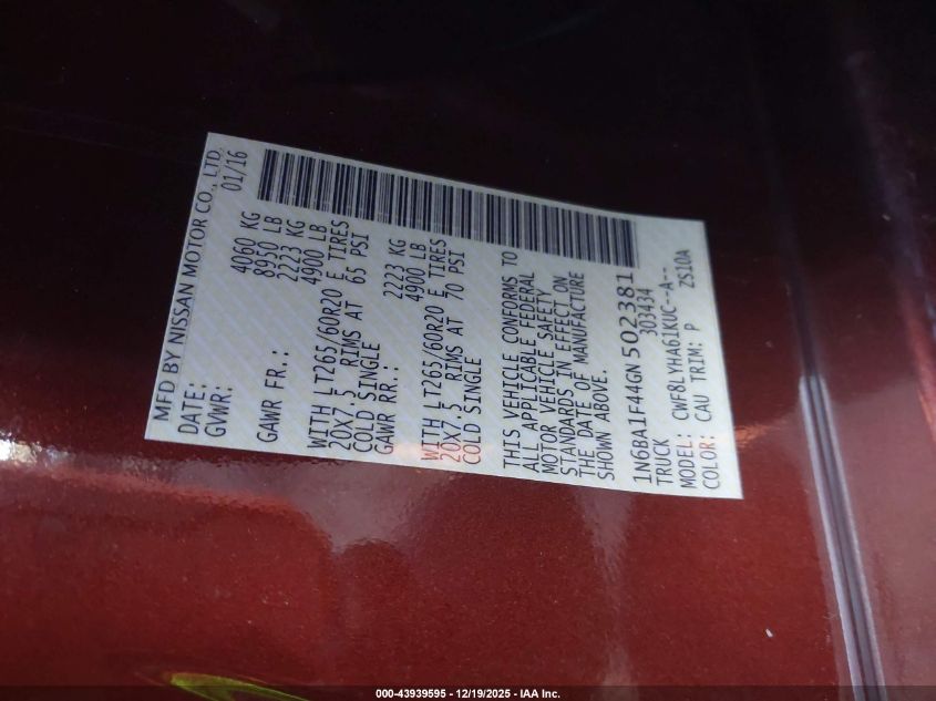 2016 Nissan Titan Xd Platinum Reserve Diesel VIN: 1N6BA1F44GN502381 Lot: 43939595