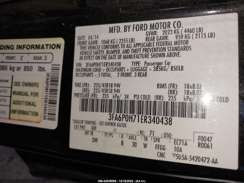 2014 Ford Fusion Se VIN: 3FA6P0H71ER340438 Lot: 43939596