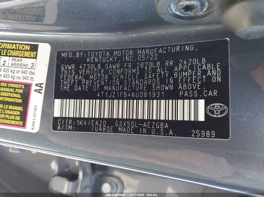 2022 Toyota Avalon Xle VIN: 4T1JZ1FB4NU081931 Lot: 43939597