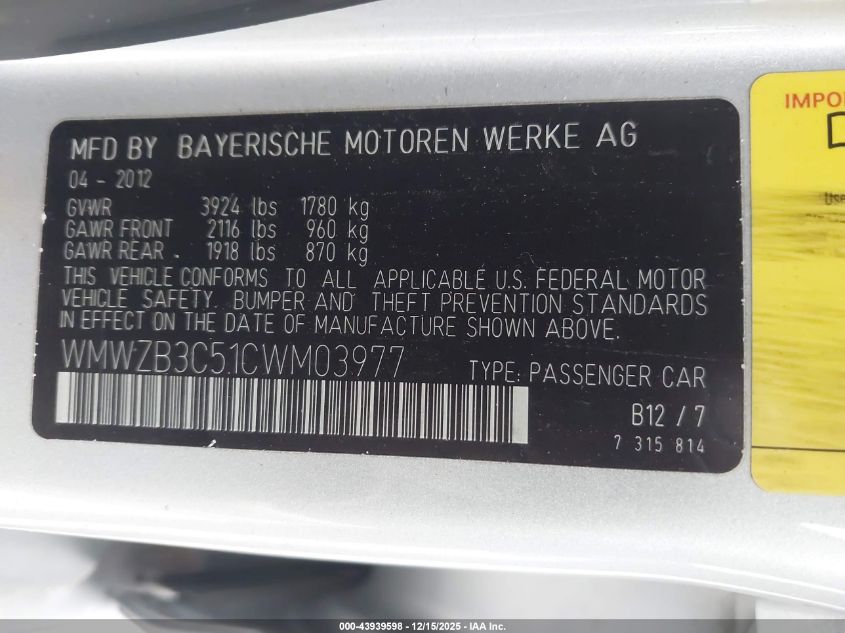 2012 Mini Cooper Countryman VIN: WMWZB3C51CWM03977 Lot: 43939598