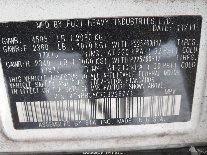 2012 Subaru Outback 2.5I VIN: 4S4BRCAC7C3226771 Lot: 43939599