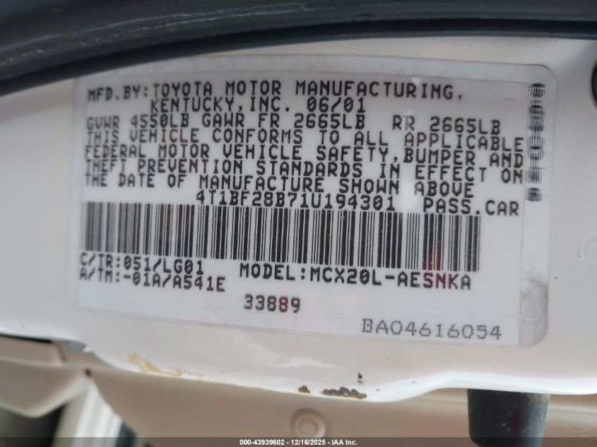 2001 Toyota Avalon Xl VIN: 4T1BF28B71U194301 Lot: 43939602