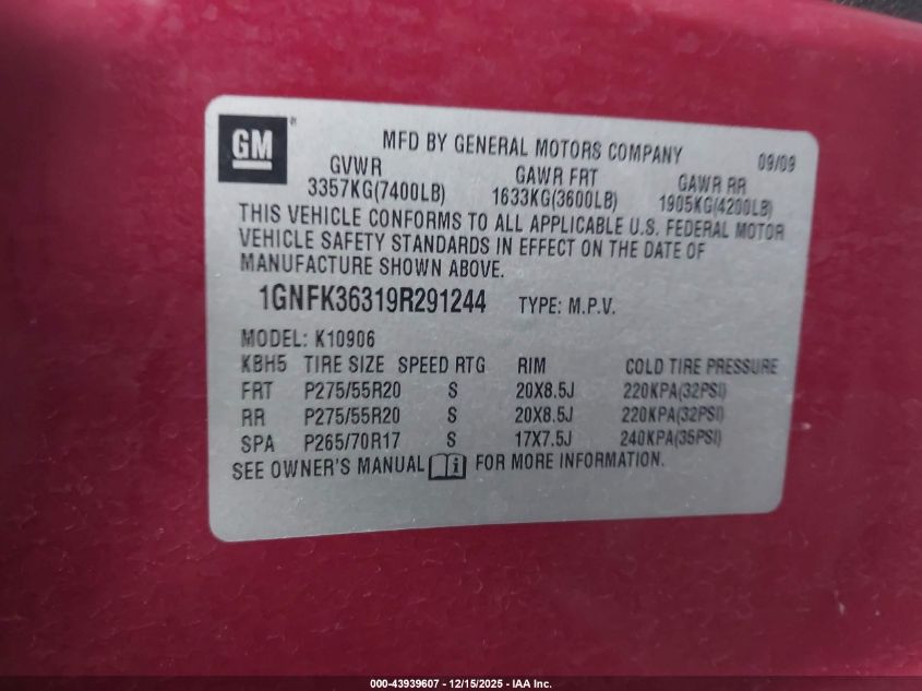 2009 Chevrolet Suburban 1500 Ltz VIN: 1GNFK36319R291244 Lot: 43939607