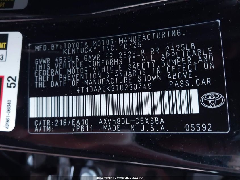 2026 Toyota Camry Se VIN: 4T1DAACK8TU230749 Lot: 43939610