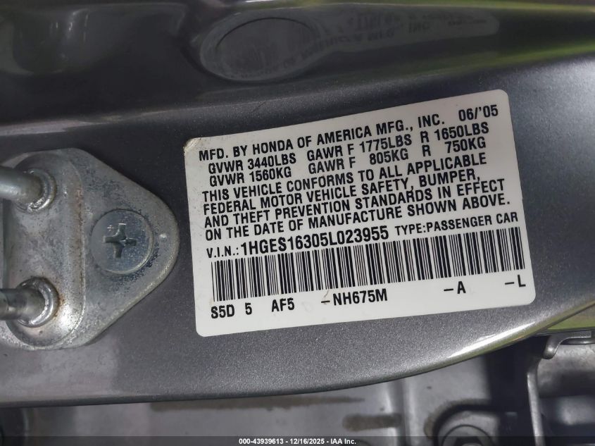 2005 Honda Civic Vp VIN: 1HGES16305L023955 Lot: 43939613