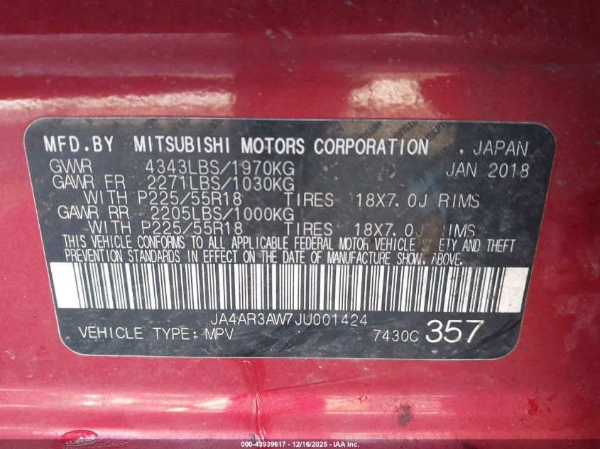 2018 Mitsubishi Outlander Sport 2.4 Se VIN: JA4AR3AW7JU001424 Lot: 43939617