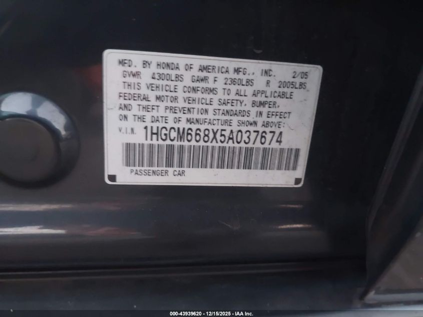 2005 Honda Accord 3.0 Ex VIN: 1HGCM668X5A037674 Lot: 43939620