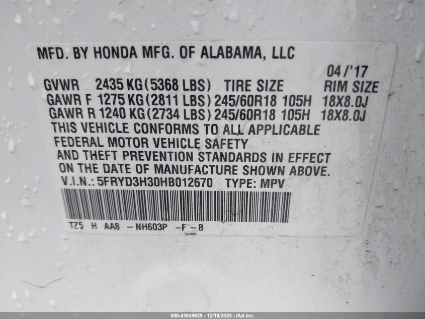 2017 Acura Mdx VIN: 5FRYD3H30HB012670 Lot: 43939629