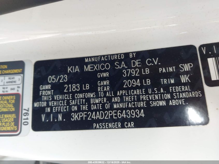 2023 Kia Forte Lxs VIN: 3KPF24AD2PE643934 Lot: 43939632
