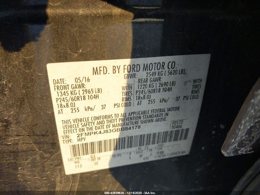 2016 Ford Edge Sel VIN: 2FMPK4J83GBB84178 Lot: 43939636